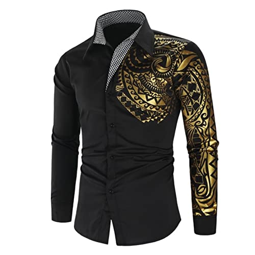 QIUNI Camisa Negra Dorada de Lujo Hombres Nuevo Ajuste Delgado Manga Larga Oro Negro Chemise Social Men Club Camisa de Baile