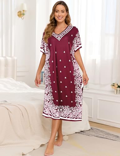 Image of Bloggerlove Women's Caftan Nightgown with Pockets, Long House Dress | Half Sleeve, Kaftan, Mumu Dress, Sleepwear, V-Neck, Full Length, Lounge Dress, 2 Side Pockets
