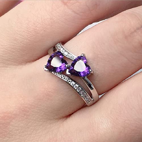 Romantic 925 Sterling Silver Purple Amethyst Plated Promise Band Ring Wedding Purple Heart Cubic Zirconia Rings for Women (Size 8) (C2)2
