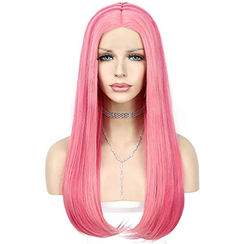 SOMIARIK Highlight Pink Straight Synthetic Lace Front Wigs Highlight Pink Natural Straight Lace Front Wigs for Women Middle Part 150% Density Balayage Heat Resistant Hair Replacement Wigs (26 inches)