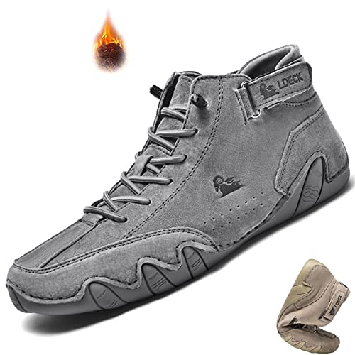 Dimleen Mens Italian Handmade Suede High Boots Casual Adjustable Easy Slip-on Sneakers Non-Slip Breathable Leather Walk Chukka Bootie (Gray Velvet,13,13)