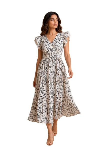 Women's Floral Print Ruffle Sleeve Midi Dress | V-Neck Tiered A-Line Frock | Casual Dress for Women | Wrap Style Maxi Dress with Belt | Summer Party & Office wear-picture-21