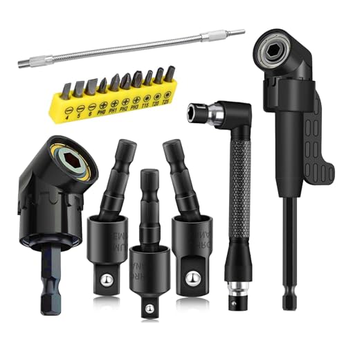 17Pcs Tools Flexible Drill Bit Extension,Include 3Pcs Rotatable Socket Adapter 2Pcs Hex Shank 105° Right Angle Drill Attachment 10 Short Screwdriver Bits 90° Angled Bits & Bendable Drill Bit Extension