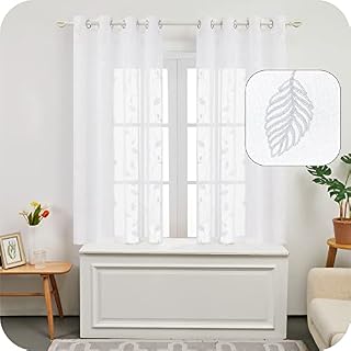 Amazon Brand - Umi Christmas Decorations Embroidered Leaves Pattern Sheer Curtains Eyelets Linen Effect Voile Curtains Super Soft Net Curtains for Living Room 55 x 54 White Two Panels