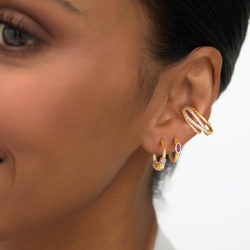 Dremmy Studios Dainty CZ Huggie Hoop Earrings 14K Gold Plated Chunky Simple Cute Thick Round Frill Bead Ball Starburst Cuff Earrings Cubic Zirconia Hoop Earrings Minimalist Personalized Gift for Her4