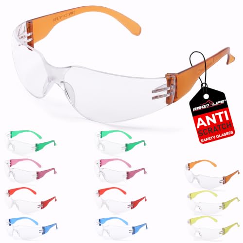 Image of BISON LIFE Clear Lens Color Temple Protective Safety Glasses - 12 Pairs Assorted Color Eyewear, Polycarbonate Impact Resistant Lens (Blue, Pink, Red, Yellow, Orange, Green) | Scratch & Impact Resistant Wraparound Safety Goggles, UV Protection Eyewear for Work, Construction, Lab, Industrial