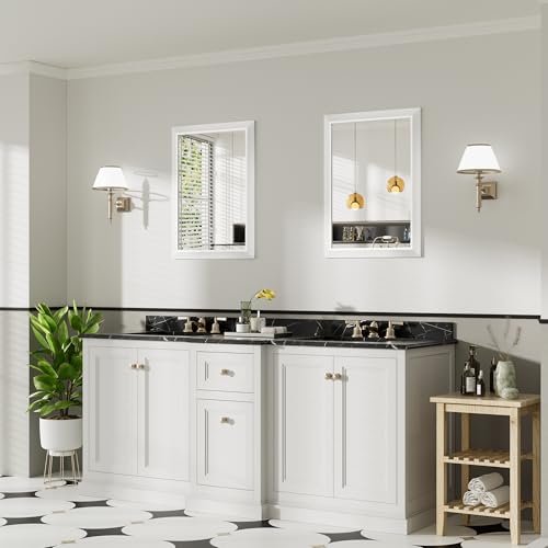 Image of 22x30 Inch White Bathroom Mirror for Wall, Thick Metal Framed Rectangle Mirrors for Over Sink, Bedroom, Living Room, Entryway, Anti-Rust, HD Tempered Glass