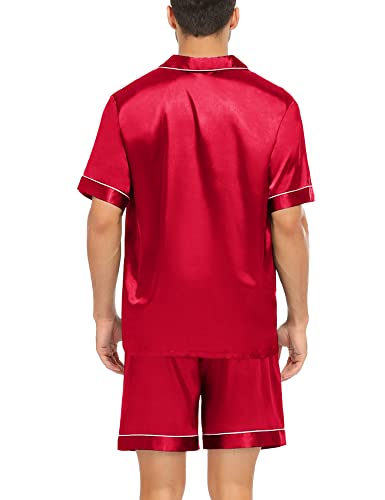 Image of SWOMOG Men Satin Silk Pajamas Sets Short Sleeve Sleepwear Button-Down PJs Sets Two-Pieces Loungewear with Pockets