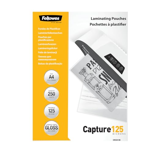 Fellowes Pouches per plastificazione per documenti, formato A4, finitura lucida, confezione da 250 pezzi, 250 micron, 2x125 micron, Finitura di alta qualitĂ , adatti per avvisi, formato convenienza