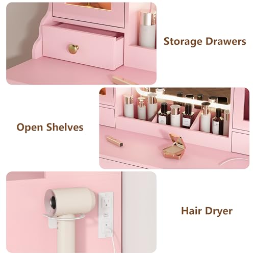 Image of HUANLEGO Vanity Desk with Mirror and Lights, Pink Vanity Mirror with Lights & RGB Glass Cabinet and 3 Drawers, Makeup Vanitys Desk with Lighted Mirror, Dressing Table for Girls Bedroom, 3 Color Modes