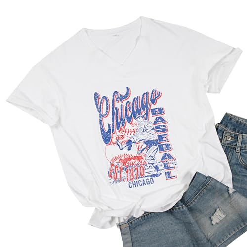 FLOYU Oversized Chicago Baseball Shirt Women Baseball SeasonTops Chicago Fan V Neck Short Sleeve Shirt4