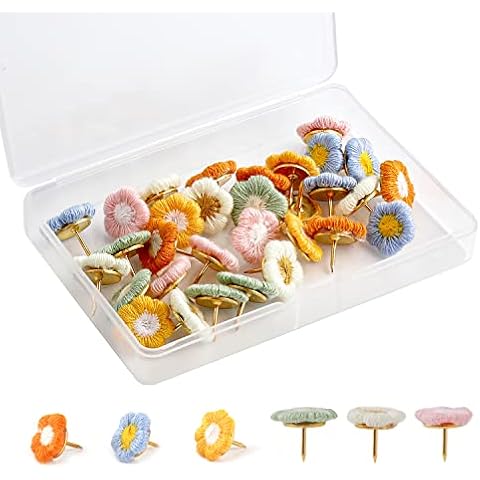 KINBOM Flower Push Pins, 30pcs Flower Thumb Tacks Decorative Push Pins Bulletin Board Tacks Color Push Pin for Map Cork Board Photo Display Office Home (6 Colors) Cover
