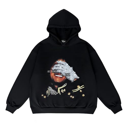 MIDIHOME Rhinestone Hoodie Mens Long Sleeve Hooded Pullover Unisex Graphic Top The for Fans (US Alpha Large Regular Regular) Black