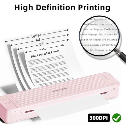Image of Mobile Portable Wireless Printer, P831 Portable Thermal Transfer Printer, Bluetooth & Inkless, 300DPI, Support US Letter /A4 /A5 /B5 Plain Paper, Ideal for Business Travel