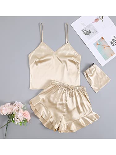 Lyaner Women's Satin V Neck Sleeveless Cami Tops And Ruffle Hem Shorts Pajamas Set Champagne Small #TOP6