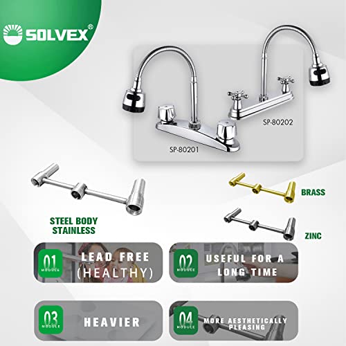 Solvex 2 Handle Kitchen Sink Faucet, High Arc 360 Swivel Stainless Steel Pipe 3 Hole Kitchen Faucet, Commercial Modern Chrome Kitchen Sink Faucet With Flexible Spout, Sp-80202 #TOP1