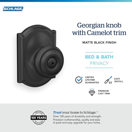 Image of Schlage F40 GEO 622 CAM Georgian Door Knob with Camelot Trim, Bed & Bath Privacy Lock, Matte Black