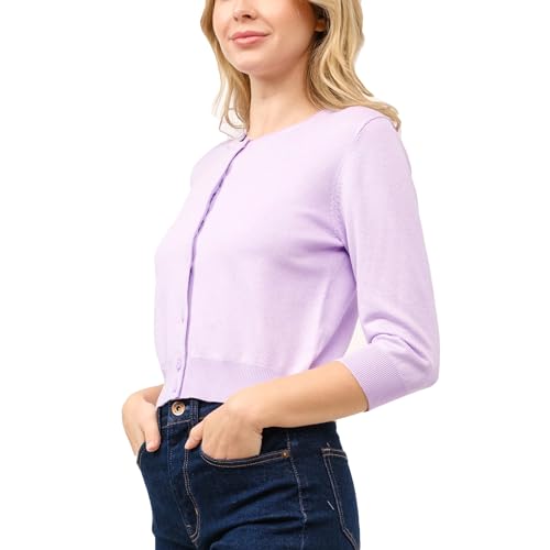 Image of Women's Cropped Cardigan 3 /4 Sleeve Crewneck Button Up Sweater Knit Top (S~XL)