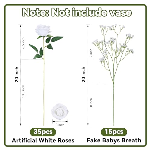 Image of HyeFlora 35 PCS Artificial White Roses with 15 PCS Fake Baby Breath Realistic Fake Flowers Bouquet with Stem for DIY Wedding Party Home Decoration Vase Tables Centerpieces Arrangements Gift for Her