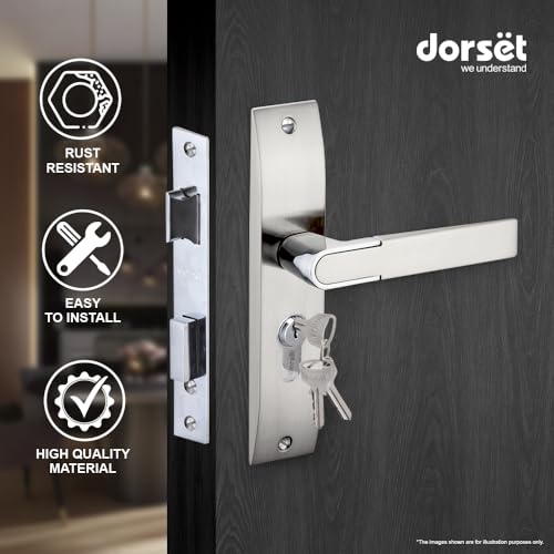 Image of Dorset Zovi Door Handle on Plate 8 inch | Both Side Key Lock | 60mm Cylinder | Mortise Lockset for Home, Office, and Hotels, Silver | HLZOVSC
