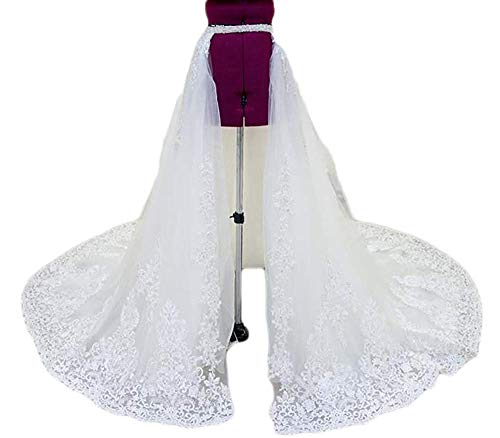 EllieHouse Luxury 3 Layers Lace Appliques Beaded Crystal Detachable Train Tulle Bridal Wedding Overskirt 2019