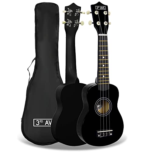 3rd Avenue Ukulele Soprano dla początkujących, 21 cali – w kolorze czarnym – BEZPŁATNY pokrowiec na ukulele