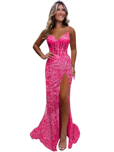 Monvelli Hot Pink Mermaid V Neck Prom Dresses for Women 2026 Long Appliques Sparkly Sequin Evening...