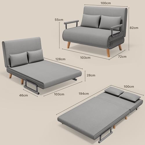 Xbro Schlafsessel mit Bettfunktion, Schlafsofa 2-Sitzer mit 6-Stufig Verstellbarer Rückenlehne und 2 Kissen, Sessel mit schlaffunktio für kleine Wohnung (Hellgrau) – Bild 4