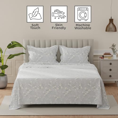 Image of Layers 100% Cotton Bedsheet for King Size Bed | Lumina Floret Collection | 144 TC Soft & Breathable | Printed with 2 Pillow Covers | Wrinkle Free & Colorfast | 3 Piece Bedding Set - Grey