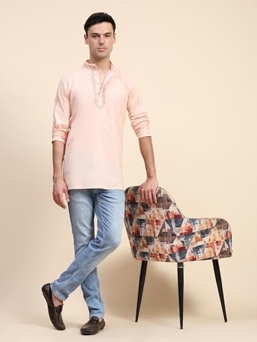 Image of SKAVIJ Men's Cotton Embroidered Kurta Shirt - Long Sleeve Traditional Indian Tunic for Casual