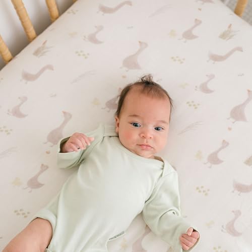 Image of Crane Baby Charlie Farmhouse Goose Crib Fitted Sheet, 100% Cotton Baby Bed Sheets, Farm Nursery Decor, Crib Sheets for Boys and Girls, Baby Registry Gift, Goose Nursery Decor