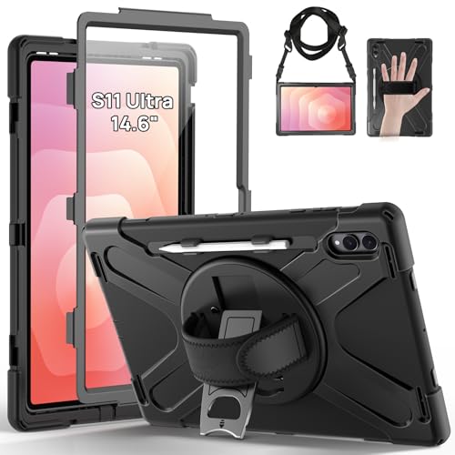 Gerutek Case for Samsung Galaxy Tab S11 Ultra 2025 14.6 Full-Body Drop Protective Case with Screen Protector Pen Holder 360 Rotate Hand Strap & Stand Shoulder Strap Black