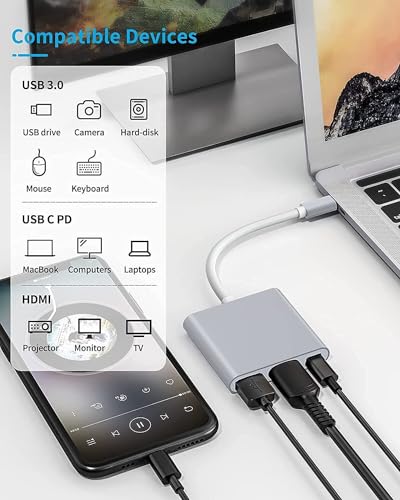 Image of C Type to 3+1 Hdmi | USB 3.0 | Ctype Adapter /Connector /ConverterCable 4K@30Hz for Xbox, Projector, Computer,Laptop, Full 4K@30Hz Resolution (Type C to Hdmi | USB 3.0 | Ctype C PD)
