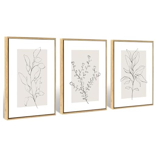 WRFON Neutral Botanical Canvas Wall Art, Minimalist Black Line Flower Poster Prints, Boho Beige Floral Wall Decor, Abstract Plant Leaf Aesthetic Picture for Bedroom Living Room Framed 12"x16"x3