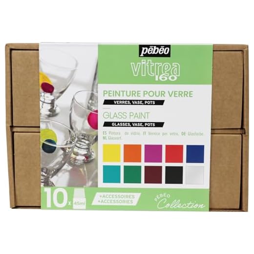 Pébéo - Caja Colección Vitrea 160 - Set Pintura Vidrio - Decoración Vidrio - 10 Botellas de 45 ml - Colores Surtidos 1 + Cerne Relief Tubo Negro 20 ml + Accesorios + Guía Creativa