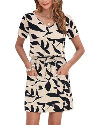 Image of AUSELILY Womens Summer Dresses 2026 Causal Short Sleeve V Neck Tie Front Mini Short Dress with Pockets