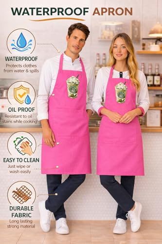 Image of Waterproof Printed Kitchen Apron for Women & Men, Adjustable Neck Cooking Apron with Front Pocket, Oil & Stain Resistant Apron for Cooking, Baking & Kitchen Use
