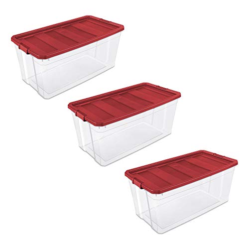 Sterilite 50 Gallon Modular Durable See Through Stacking Storage Box for Artificial Christmas Trees Up To 7.5ft, Red, 3 Pack