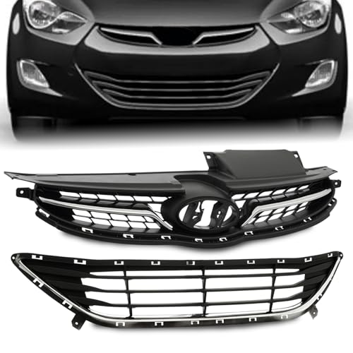 KARPAL Front Upper & Lower Bumper Grille Grill Assembly Compatible with 2011 2012 2013 Hyundai Elantra | 865603X000 + 863503X000