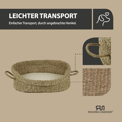 Rohrschneider Hundebett mit Henkel für kleine und mittelgroße Hunde | von Hand geflochtener Hundekorb aus Seegras mit verstärktem hohen Rand | Hundekissen mit waschbarem Bezug | Gr. 1 (51 x 43 cm)