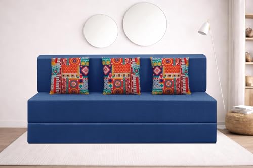 Image of Rosebell Three Seater Foldable Sofa Cum Bed (5x6 Feet) Jute Fabric, Washable Removable Cover, | Space Saving Convertible Sofa Bed for Home, Office & Guests - Blue