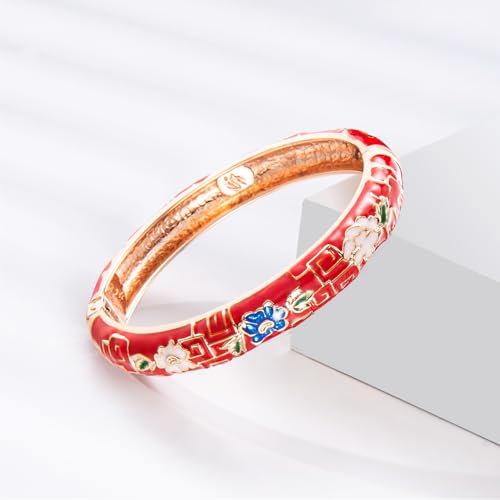 Image of wynameleri Vintage Cloisonne Jewelry Gorgeous Rhinestone Handcrafted Bracelets Enamel Flower Bird Gold Hinged Cuff Bangles Gifts 88C07-55A120 orange, Diameter: 2.4''
