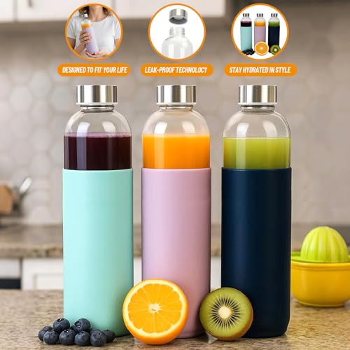 Image of Luxfuel 32 oz Glass Water Bottles with Lids and Silicone Sleeve 3 Pack | Leak Proof Stainless Steel Lids, BPA Free, Reusable Glass Bottles for Juicing, Smoothies & Refrigerator, Dishwasher Safe