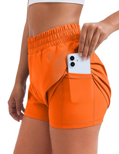 PINSPARK High Waisted Running Shorts for Women 2 in 1 Flowy Athletic Shorts with Pockets Comfy 3 Quick Dry Workout Hiking Shorts Orange M