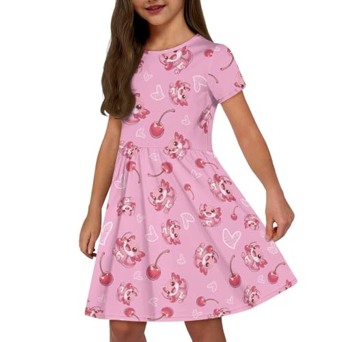 Image of Girls Dress with Pockets Basic Short Sleeve High Waist Swing Skater Dress School Party Dress for Kids