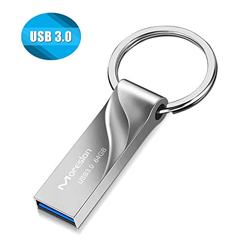 Clé USB 64 Go avec Crochet Porte-Clé 3.0,Moreslan Clef USB Etanche Antichoc en Métal Flash Drive Stick USB pour Attacher Pen Drive Mémoire Haute Vitesse Argent