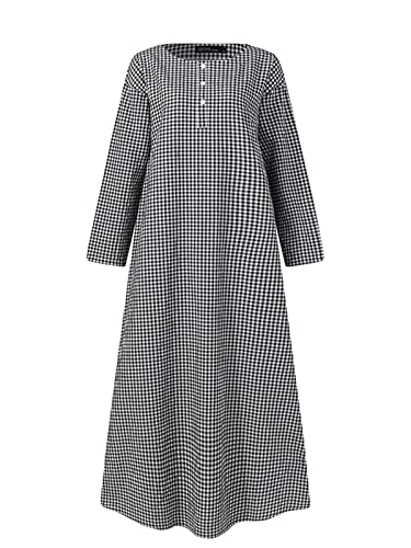 Zanzea Plus Size Dress Long Sleeve Plaid Botton Casual Loose Long Dress Summer Black-F28878 Xx-Large #TOP1