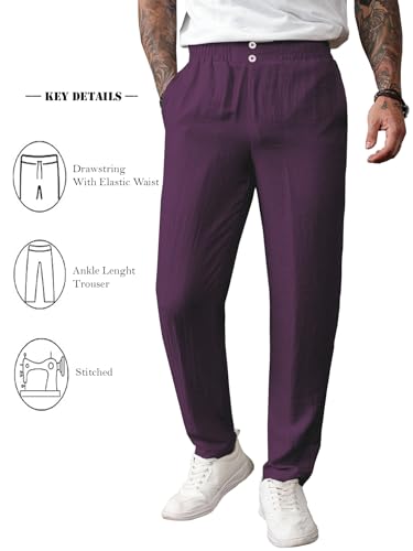 Image of TAGDO Men's Cotton Casual Premium Linen Blend Pants | Lightweight & Breathable Fabric | Elastic Waist with Button | Loose Fit | Perfect for Holidays & Travel (2055)