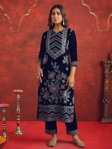 Image of INDO ERA Women's Velvet Floral Embroidered Straight Kurta & Pant with Dupatta Set (IESTR12390)