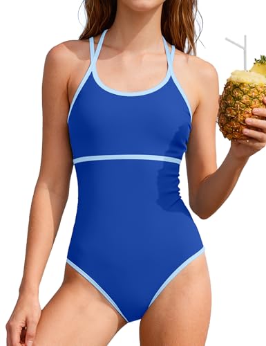 Image of WIQI Girls Swimsuit One Piece Bathing Suit Color Contrast Trim Girls' Swimwear with Cover Up Skirt Size 9-16